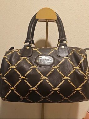 Longchamp 80’s vintage Black Satchel with Gold Chain-Print duffle bag